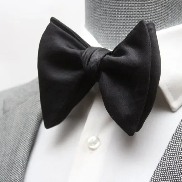 Men's Self tied Bow Tie Black Big Butterfly Bow‎ tie Silk Linen Pin Strip…